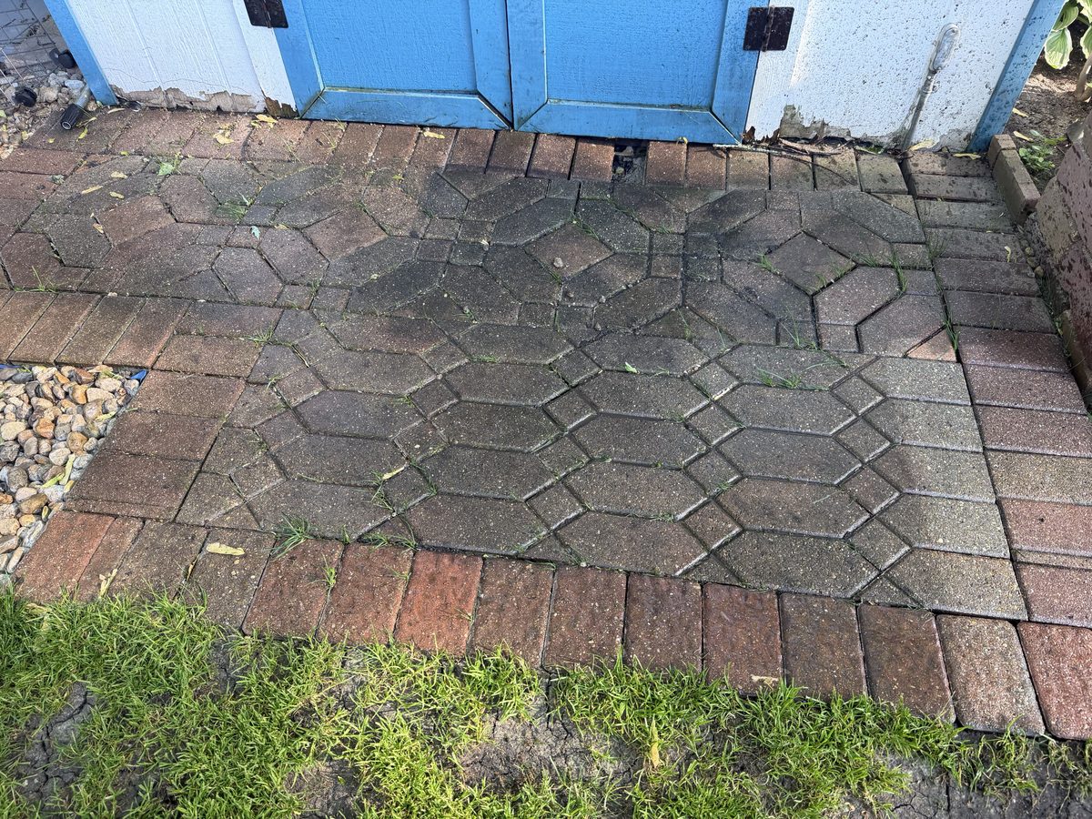Before — weeds and grime on brick patio